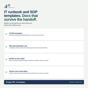 Op de afbeelding: Een digitaal IT Career Kit document met IT runbook en SOP sjablonen. De tekst luidt: IT runbook and SOP templates. Docs that survive the handoff. Written so the person on call at 3am can follow them without you. Bevat 12 sjablonen.