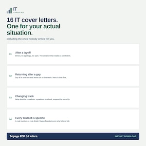 May include: A digital document titled IT Career Kit featuring 16 IT cover letters for various situations. The text includes headings like After a layoff, Returning after a gap, Changing track, and Every bracket is specific, with a 24 page PDF label.
