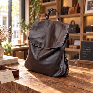 May include: A dark brown leather backpack with a large fold-over flap, a top handle, and a textured surface. The bag features visible stitching along the edges of the flap and a structured base, showcasing a deep, rich colour and a soft, flexible material.