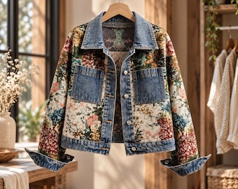 May include: A denim jacket featuring a floral tapestry pattern in shades of red, blue, and green. The jacket has a classic collar, long sleeves with buttoned cuffs, two chest pockets, and a front button closure with metallic silver buttons.