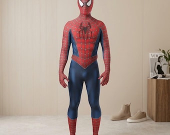 May include: A full-body Spider-Man costume featuring a red and blue color scheme with a black spider emblem on the chest. The suit includes a detailed web pattern across the red sections, long sleeves, and integrated foot coverings in a matching design.