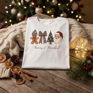Gingerbread Leopard Bow Christmas Tree Santa T-Shirt | Merry & Mindful