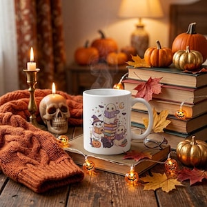 May include: A white ceramic mug featuring a colorful illustration of three ghosts reading books, a black cat, and a pumpkin. The mug is placed on a stack of books surrounded by orange knit fabric, a skull candle holder, and small pumpkins.