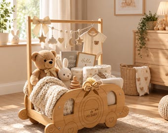 Wooden Baby Shower Crate Pumpkin Carriage Gift Basket Rustic New Parent Hamper Neutral Baby Nursery Storage Box