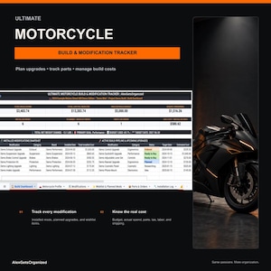 May include: A digital motorcycle build and modification tracker template featuring a dashboard with financial summaries, modification logs, and an active build pipeline. The layout includes a black motorcycle image and text: ULTIMATE MOTORCYCLE BUILD & MODIFICATION TRACKER.