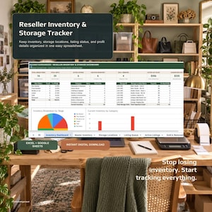 May include: A digital reseller inventory and storage tracker spreadsheet displayed on a computer screen. The dashboard features tables, a pie chart, and a bar graph for tracking items, listing status, and profit details for inventory management.
