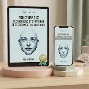 Peut inclure: Une tablette et un smartphone affichant la couverture du livre Addictions aux technologies et stratégies de désintoxication numérique de Saâd Lahrichi, avec un visage humain pixélisé et un badge Best Seller doré sur la tablette.