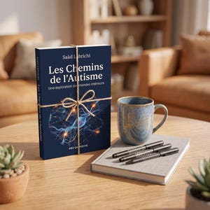 Pode incluir: Um livro azul-escuro intitulado Les Chemins de l'Autisme de Saâd Lahrichi, amarrado com barbante, ao lado de uma caneca de cerâmica azul e três canetas pretas sobre um caderno cinza. A capa apresenta uma ilustração gráfica de vias neurais.