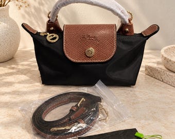 Longchamp Black Mini Bag, Le Pliage Original Pouch with Handle, Lightweight Everyday Handbag