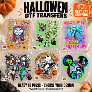 May include: Six clear sheets of Halloween DTF transfers featuring characters from The Nightmare Before Christmas. Designs include Sally, Jack Skellington, Oogie Boogie, and Zero with pumpkins, spiderwebs, and text like Welcome to My Nightmare.