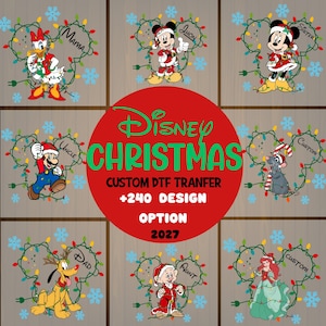 May include: A collection of Disney Christmas DTF transfer designs featuring characters like Daisy Duck, Mickey Mouse, Minnie Mouse, Mario, Remy, Pluto, Dopey, and Ariel, each framed by holiday lights and snowflakes with custom text labels.
