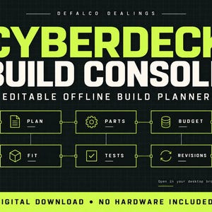 Op de afbeelding: Een digitale afbeelding voor een Cyberdeck Build Console, een bewerkbare offline bouwplanner. De zwarte achtergrond heeft een raster met limoengroene tekst en iconen. Secties zijn onder andere Plan, Parts, Budget, Fit, Tests en Revisions. De tekst vermeldt Digital Download, No Hardware Included.