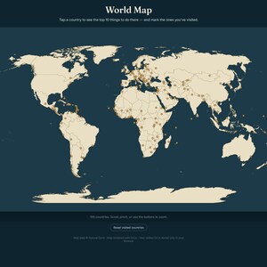 May include: A digital world map interface featuring a dark blue background and a light beige landmass projection. The map includes small circular markers across various countries and displays the text World Map at the top, with zoom controls.