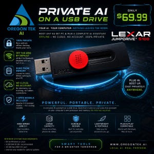 May include: A black Lexar JumpDrive S100 USB flash drive with a red sliding button, presented on a dark background featuring technical specifications for Private AI software, including 100% offline operation, 7 open models, and USB 3.1 speed.