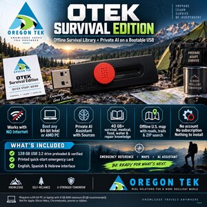 Offline Survival AI USB 128GB | Prepper Emergency Guides, First Aid, US Maps | Bug Out Bag, Off Grid Homestead, No Internet