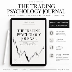 Op de afbeelding: Een digitale tablet met The Trading Psychology Journal en een witte stylus. Het scherm toont een candlestick-grafiek van de aandelenmarkt en tekst waaronder A 90-Day Journal for Discipline, Mindset, Execution en Reflect, Track, Improve, Become a Better Trader.