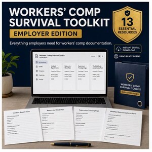 May include: A Workers' Comp Survival Toolkit Employer Edition digital resource set featuring a laptop displaying document templates, a navy blue binder, and four printed forms including an Incident Report Form and Return-to-Work Plan.