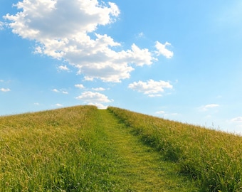 Peaceful Meadow Path Landscape Print, Green Hills, Blue Sky (Digital Download)