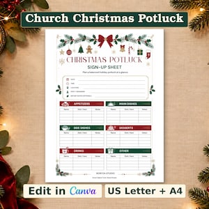 Church Christmas Potluck Sign-Up Sheet, Printable PDF & Canva Template