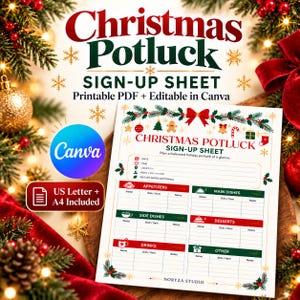 Hoja de inscripción para la comida compartida navideña, PDF imprimible y plantilla editable de Canva.