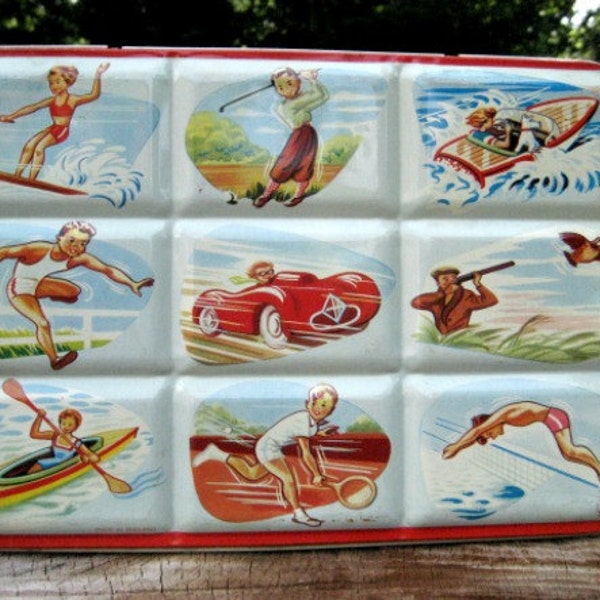 Vintage childs paint tin, adorable sport scenes, bright and cheerful colors