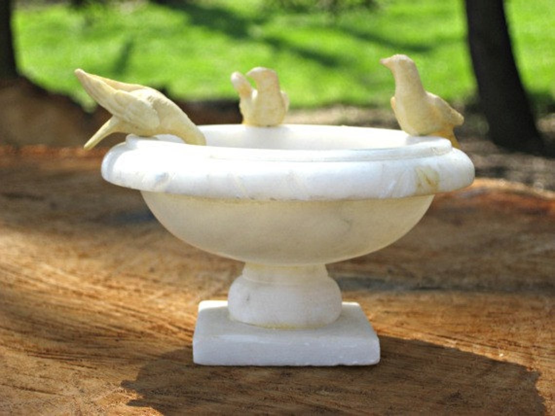 Vintage alabaster bird bath and birds Etsy
