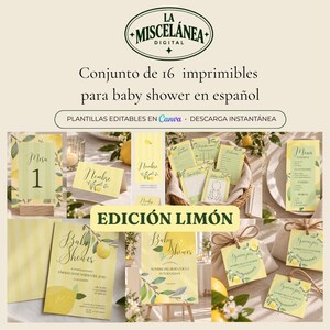 Puede incluir: Un conjunto de 16 plantillas imprimibles para baby shower con temática de limón. Incluye tarjetas, menús, letreros y etiquetas editables con ilustraciones de cítricos amarillos y verdes y texto en español, diseñadas para editar en Canva.