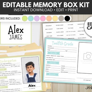 Può includere: Un kit di scatola dei ricordi modificabile con il testo "EDITABLE MEMORY BOX KIT" e "INSTANT DOWNLOAD • EDIT • PRINT". Il kit include modelli per varie fasi della vita, con una foto di un bambino e il nome "Alex James".