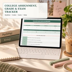May include: A digital tablet displaying a College Success Dashboard spreadsheet with columns for active courses, assignments, and exams. The screen shows text including College Assignment, Grade & Exam Tracker, Deadlines, Grades, Exams, Study.