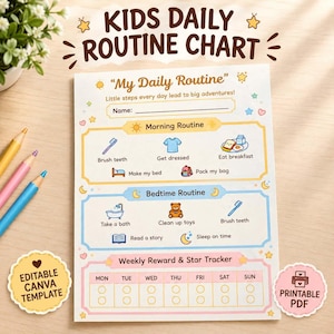 Puede incluir: Una tabla de rutina diaria para niños imprimible con secciones para tareas matutinas y nocturnas, iconos, un rastreador de recompensas semanal y el texto "KIDS DAILY ROUTINE CHART", "My Daily Routine" y "Little steps every day lead to big adventures".