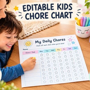 Puede incluir: Una tabla de tareas de papel blanco titulada My Daily Chores con un sol amarillo, una cuadrícula para tareas y columnas para los días de la semana de Mon a Sun. La tabla presenta estrellas para marcar tareas e incluye el texto Instant Download.