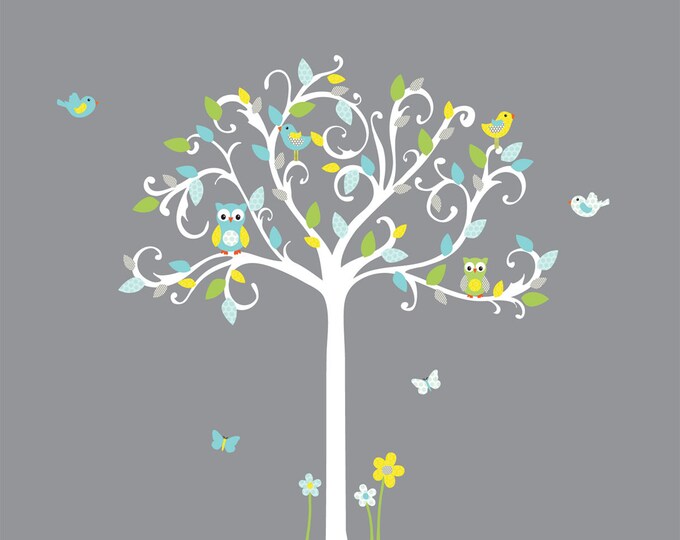 Owl Decal Vinyl Wall Decal Owl Tree Wall Decal Flowers Etsy