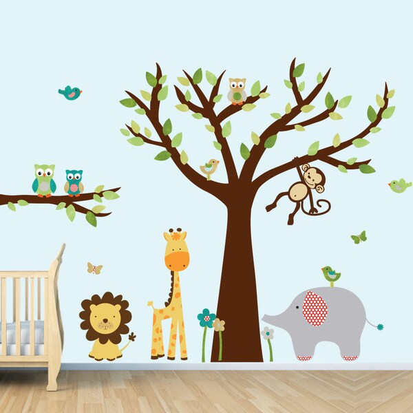 Childrens Nursery Tree Wall Decal, brown tree jungle decal set, Animal Tree Decal, Elephant, Giraffe, Owls, Evergreen design with brown tree