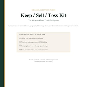May include: A printable Household Cleanout System titled Keep / Sell / Toss Kit: The 48-Hour House Cash-Out System. It includes a five-step sorting process, a guidebook, and an inventory and donation spreadsheet for personal use, 2026 edition.