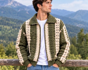 Häkelanleitung für eine zweifarbige Herrenjacke, Lochmuster-Strickjacke mit Reißverschluss (Digitales PDF)