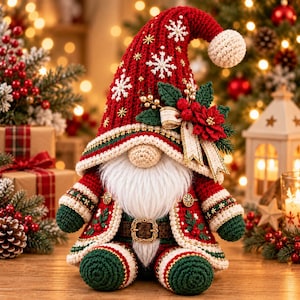 May include: A crocheted Christmas gnome figurine wearing a tall red hat with white snowflake embroidery and a pom-pom. The gnome features a long white beard, a beige nose, and a red and green coat with gold trim, a brown belt, and a poinsettia.