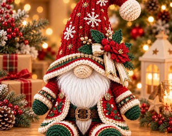 May include: A crocheted Christmas gnome figurine wearing a tall red hat with white snowflake embroidery and a pom-pom. The gnome features a long white beard, a beige nose, and a red and green coat with gold trim, a brown belt, and a poinsettia.