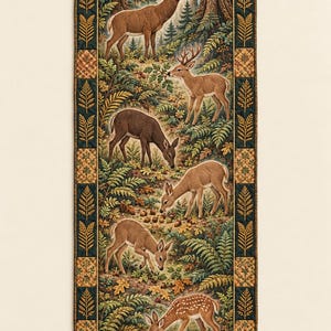 Tafelloper met boshertenmotief, groen en goudkleurig bosdesign, vintage patchworkstijl, rustieke eetkamerdecoratie voor een blokhut