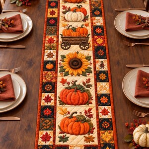 Può includere: Un runner da tavola patchwork rettangolare con motivi autunnali che includono zucche arancioni, un carro di legno e un grande girasole. Il design incorpora quadrati trapuntati con motivi di foglie rosse, gialle e nere e accenti floreali.