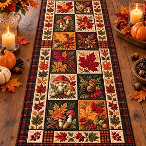 Può includere: Un runner da tavola rettangolare con un design patchwork di quadrati a tema autunnale. Il tessuto mostra vivaci illustrazioni di foglie d'acero rosse, fogliame arancione, ghiande marroni, pigne e funghi rossi su uno sfondo scuro.