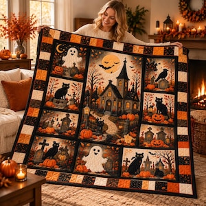 May include: A rectangular Halloween-themed quilt featuring a central scene of a haunted church under a full moon, surrounded by smaller panels depicting ghosts, black cats, pumpkins, and tombstones, all framed by a black and orange checkered border.