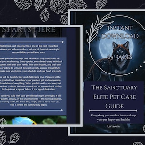 Könnte beinhalten: Ein 65-seitiger digitaler Haustierpflege-Ratgeber mit dem Titel The Sanctuary Elite Pet Care Guide, der einen dunkelblauen Hintergrund mit einer Wolfsillustration, einem Vollmond und Text über die Verantwortung und Ratschläge für Tierhalter zeigt.