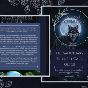 Könnte beinhalten: Ein 65-seitiger digitaler Haustierpflege-Ratgeber mit dem Titel The Sanctuary Elite Pet Care Guide, der einen dunkelblauen Hintergrund mit einer Wolfsillustration, einem Vollmond und Text über die Verantwortung und Ratschläge für Tierhalter zeigt.