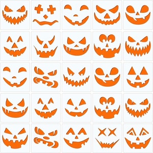 Puede incluir: Una cuadrícula de veinticinco plantillas de caras de calabaza de color naranja sobre un fondo blanco. Cada cuadrado presenta una expresión única, incluyendo varias formas de ojos, dientes dentados y sonrisas para tallar calabazas.