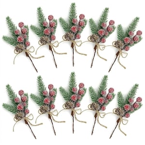 May include: Ten artificial holiday picks arranged in two rows. Each pick features green pine needles, clusters of red berries, and a small brown pinecone, all dusted with white artificial snow and tied with a thin tan twine bow.