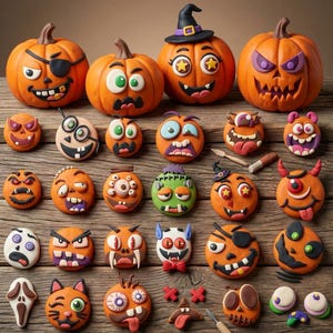 Könnte beinhalten: Eine Sammlung von orangefarbenen Kürbisfiguren und verschiedenen runden Ton-Gesichtern mit unterschiedlichen Ausdrücken, darunter Monster, Geister und Kreaturen mit Augen, Zähnen und Hüten. Das Set enthält vier große Kürbisse und viele kleine runde Charakterstücke.