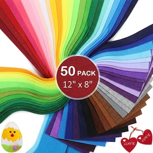 May include: A 50 pack of felt sheets measuring 12 inches by 8 inches, arranged in a vibrant fan-shaped spectrum of colors including red, orange, yellow, green, blue, purple, brown, gray, and black, with a small chick and heart ornaments.