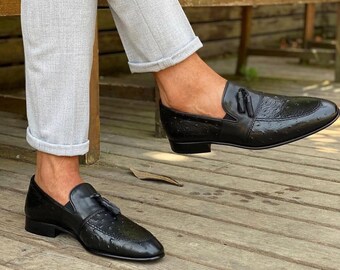Handgemaakte loafers met kwastjes van struisvogelleer - Zwarte herenschoenen