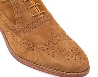 Men's Brown Suede Wingtip Oxford Shoes, Handmade Brogue Dress Shoes Formal Wedding Footwear