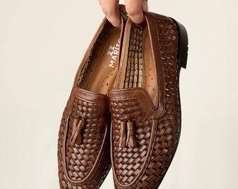 Dark Brown Woven Leather Loafers with Tassel – Handmade Men’s Slip-On Shoes